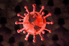 Coronavirus engulfing the world with victims’ silhouettes on the background