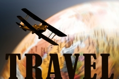 Retro and vintage poster of biplane travelling over spinning globe and text